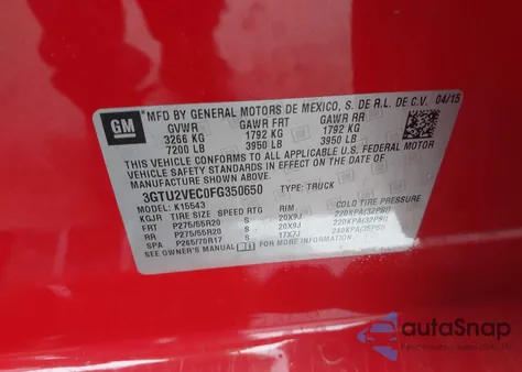 2015 GMC Sierra 1500 Slt z USA, uszkodzony, nr VIN 3GTU2VEC0FG350650